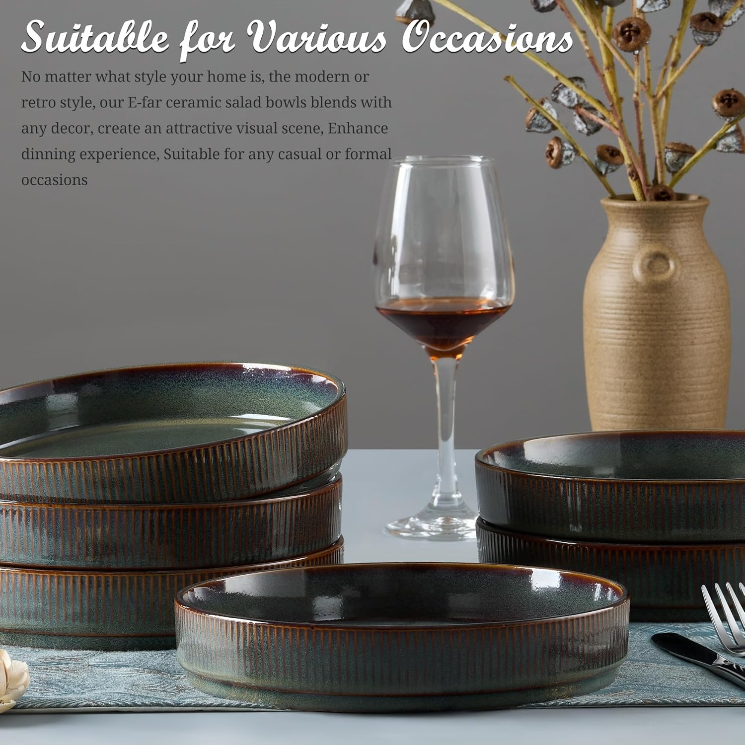 image:imageEfar Pasta Bowls Set of 6 35oz Large Salad Bowl Plate for Dinner Serving Soup Wide amp Shallow Ceramic Stoneware Pasta Plates Microwave amp Dishwasher Safe Reactive Glaze TextureStripe Matte BlackBlackish Green