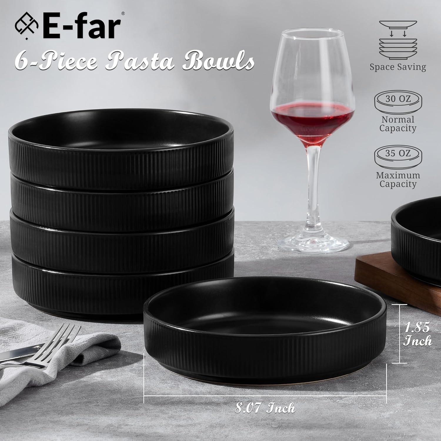 image:imageEfar Pasta Bowls Set of 6 35oz Large Salad Bowl Plate for Dinner Serving Soup Wide amp Shallow Ceramic Stoneware Pasta Plates Microwave amp Dishwasher Safe Reactive Glaze TextureStripe Matte BlackMatte Black
