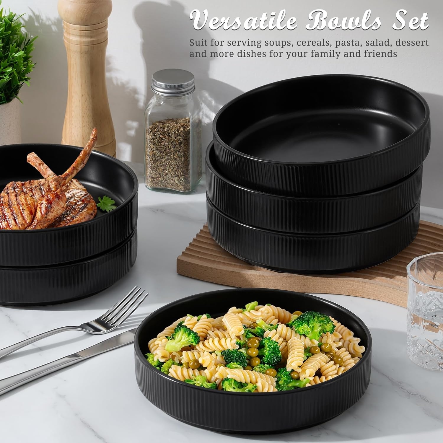 image:imageEfar Pasta Bowls Set of 6 35oz Large Salad Bowl Plate for Dinner Serving Soup Wide amp Shallow Ceramic Stoneware Pasta Plates Microwave amp Dishwasher Safe Reactive Glaze TextureStripe Matte BlackMatte Black