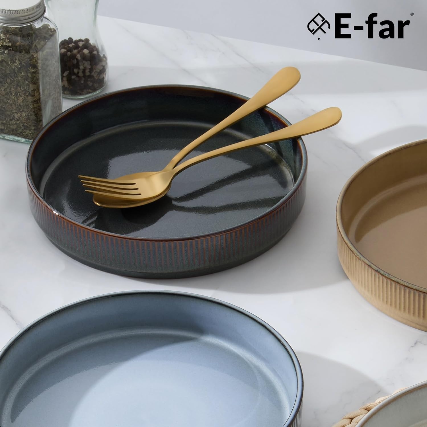 image:imageEfar Pasta Bowls Set of 6 35oz Large Salad Bowl Plate for Dinner Serving Soup Wide amp Shallow Ceramic Stoneware Pasta Plates Microwave amp Dishwasher Safe Reactive Glaze TextureStripe Matte BlackMulticolor
