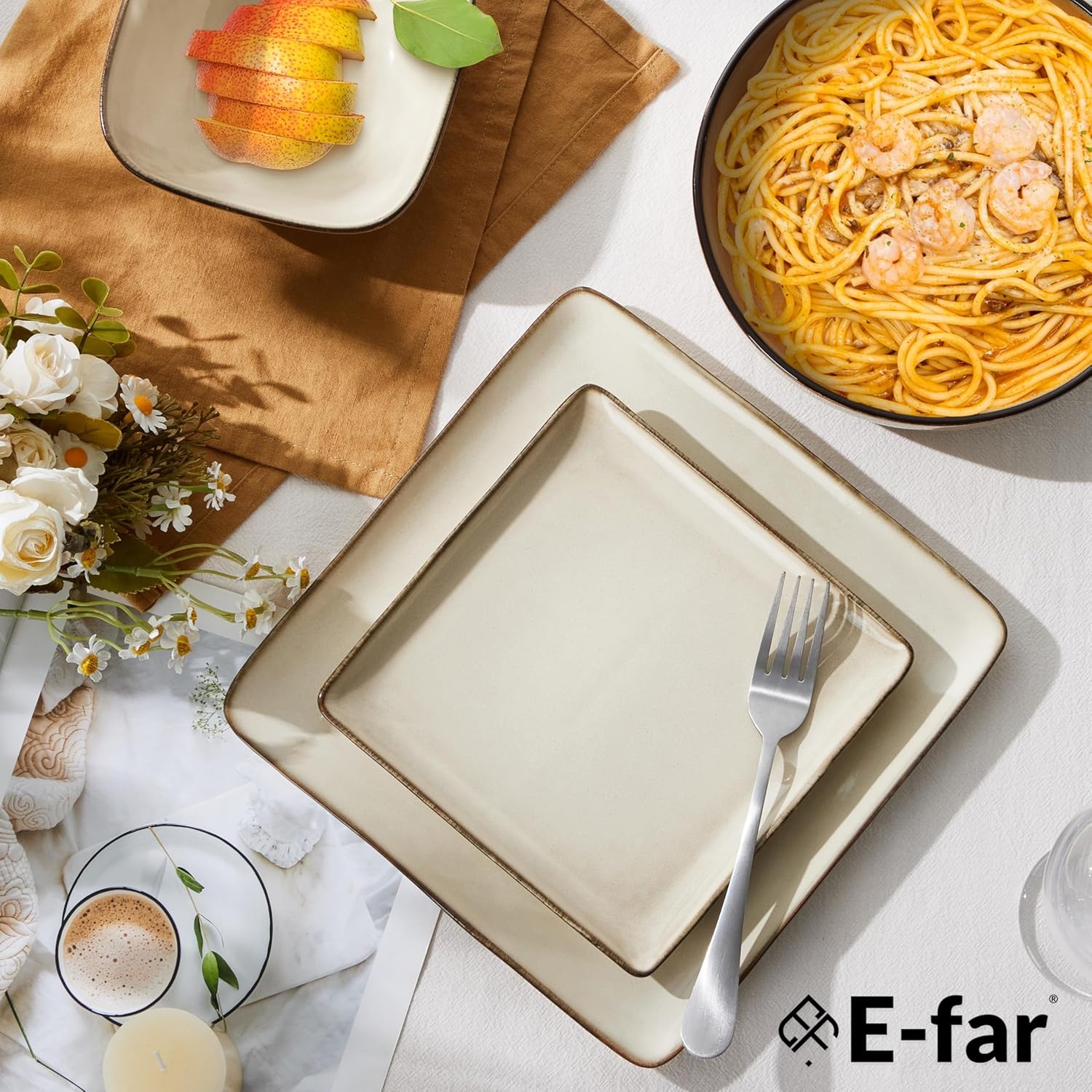 image:imageEfar Square plates and bowls Sets for 4 12Piece Reactive Glaze Stoneware Dinnerware Sets Ceramic Dishes for Kitchen Dining Microwave amp Dishwasher Safe Obsidian GreenSandy Beige