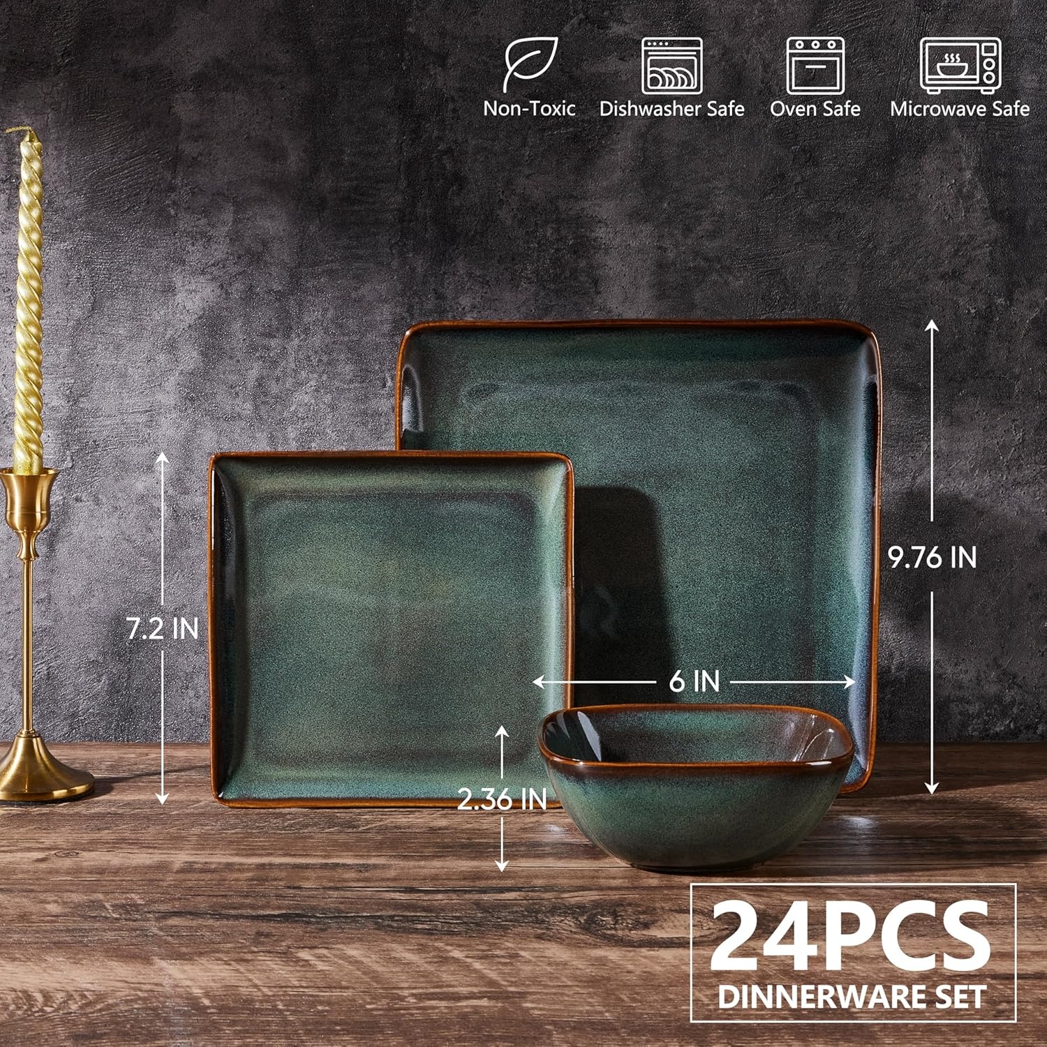 image:imageEfar Square plates and bowls Sets for 4 12Piece Reactive Glaze Stoneware Dinnerware Sets Ceramic Dishes for Kitchen Dining Microwave amp Dishwasher Safe Obsidian GreenObsidian Green