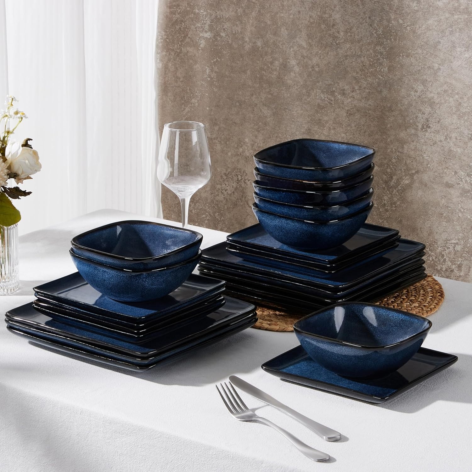 image:imageEfar Square plates and bowls Sets for 4 12Piece Reactive Glaze Stoneware Dinnerware Sets Ceramic Dishes for Kitchen Dining Microwave amp Dishwasher Safe Obsidian GreenDeep Sea Blue