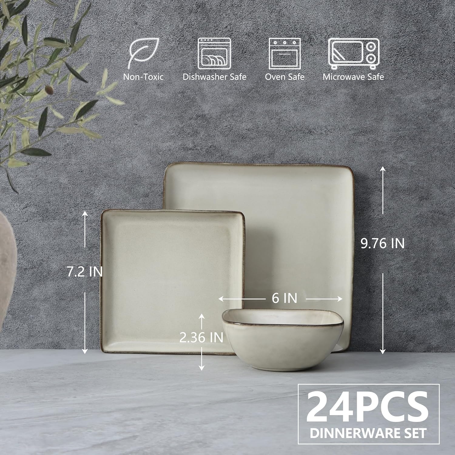 image:imageEfar Square plates and bowls Sets for 4 12Piece Reactive Glaze Stoneware Dinnerware Sets Ceramic Dishes for Kitchen Dining Microwave amp Dishwasher Safe Obsidian GreenSandy Beige