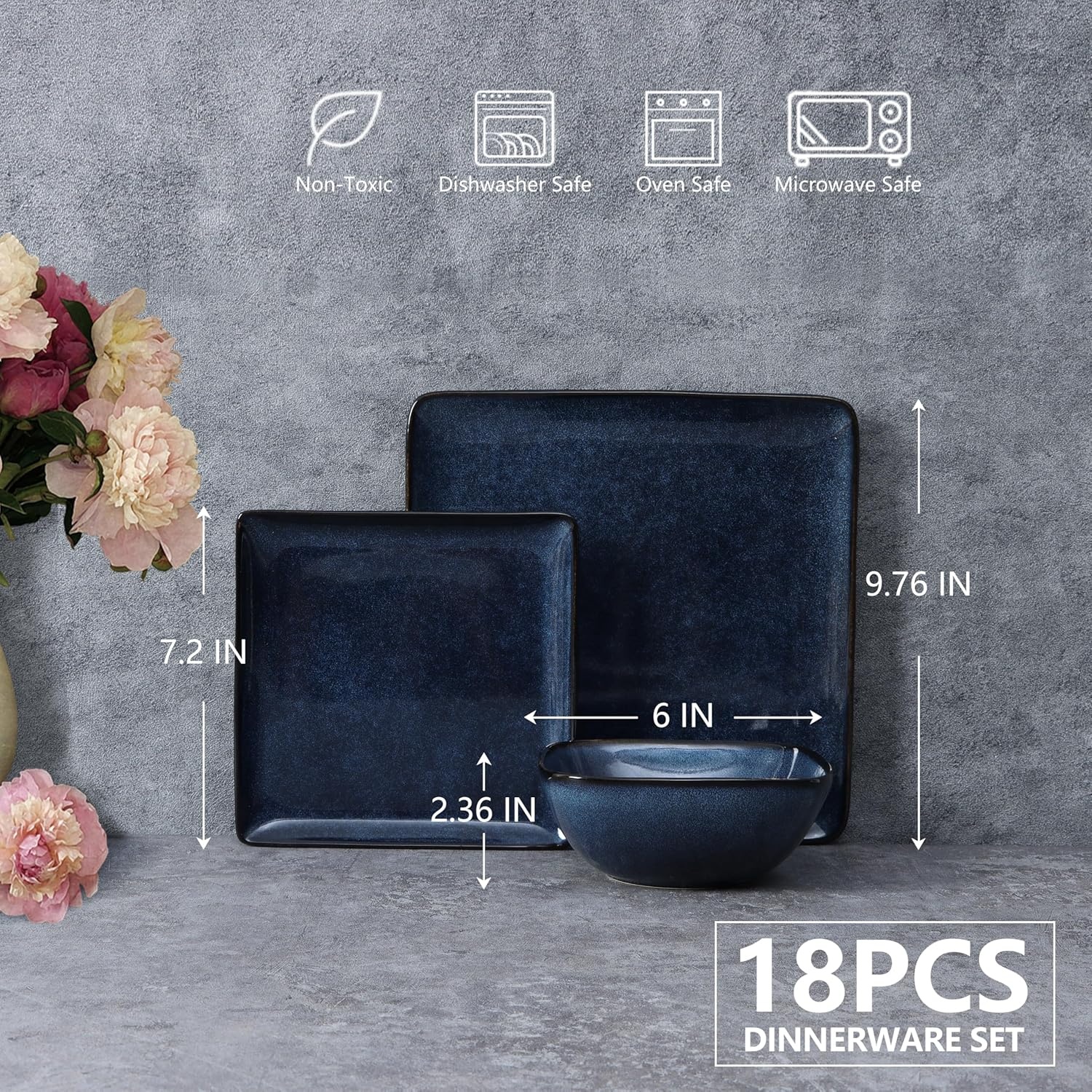 image:imageEfar Square plates and bowls Sets for 4 12Piece Reactive Glaze Stoneware Dinnerware Sets Ceramic Dishes for Kitchen Dining Microwave amp Dishwasher Safe Obsidian GreenDeep Sea Blue