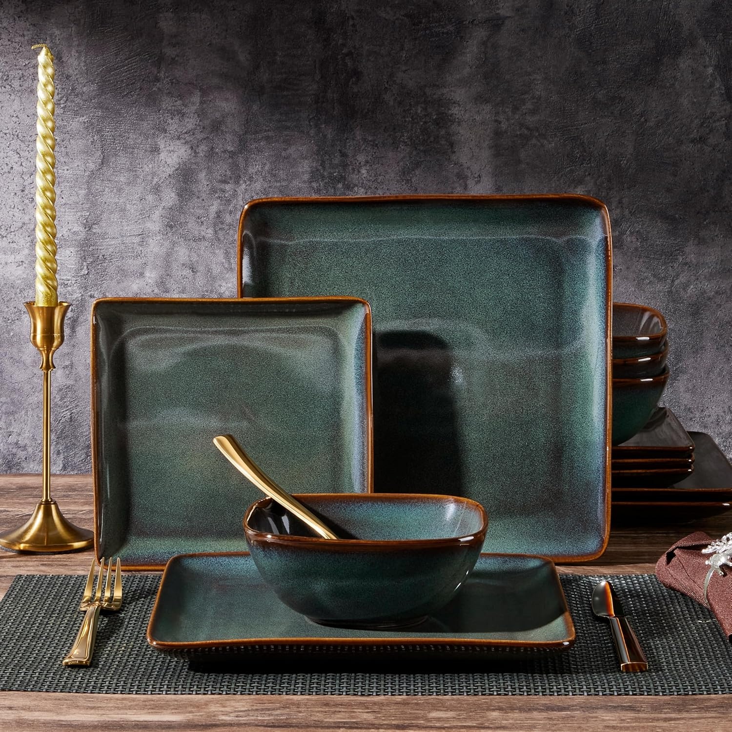 image:imageEfar Square plates and bowls Sets for 4 12Piece Reactive Glaze Stoneware Dinnerware Sets Ceramic Dishes for Kitchen Dining Microwave amp Dishwasher Safe Obsidian GreenObsidian Green