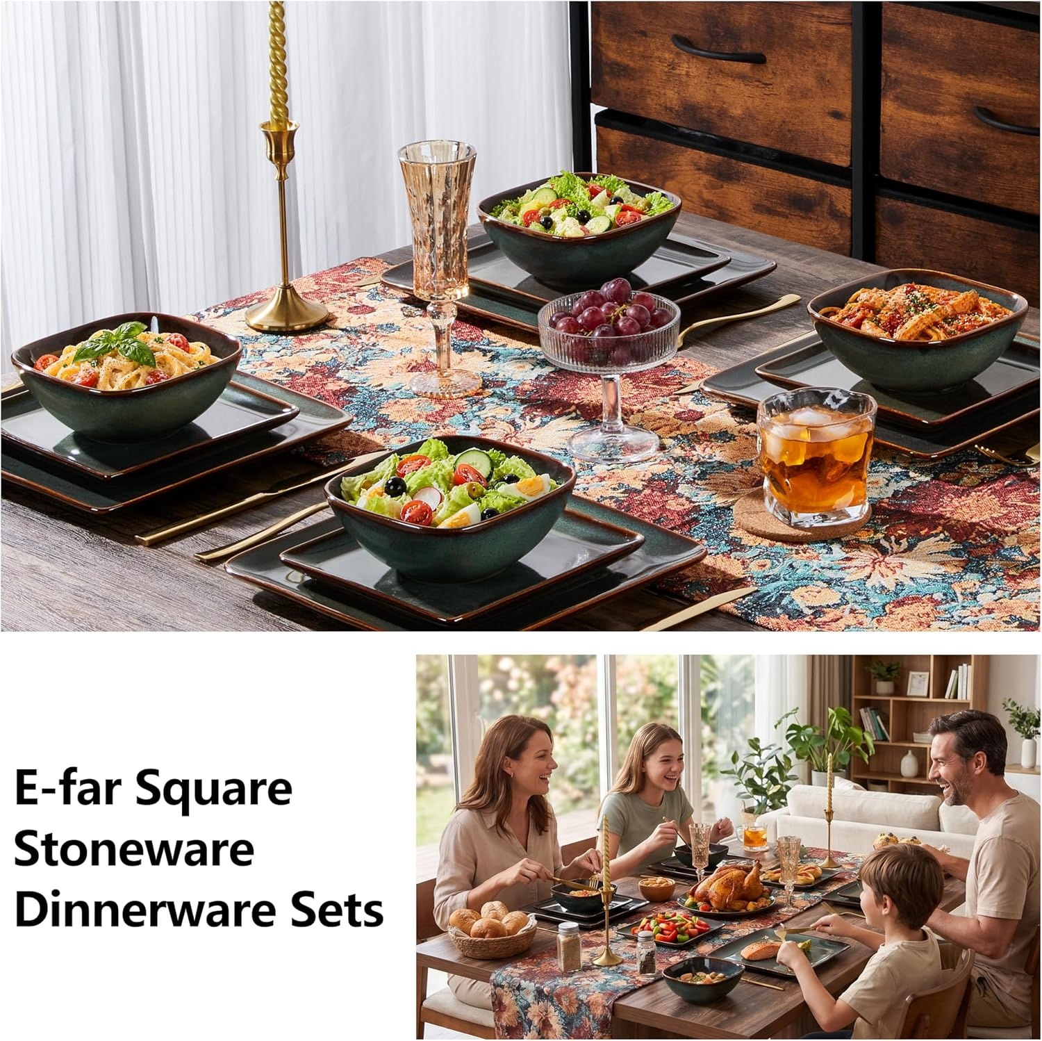 image:imageEfar Square plates and bowls Sets for 4 12Piece Reactive Glaze Stoneware Dinnerware Sets Ceramic Dishes for Kitchen Dining Microwave amp Dishwasher Safe Obsidian GreenObsidian Green
