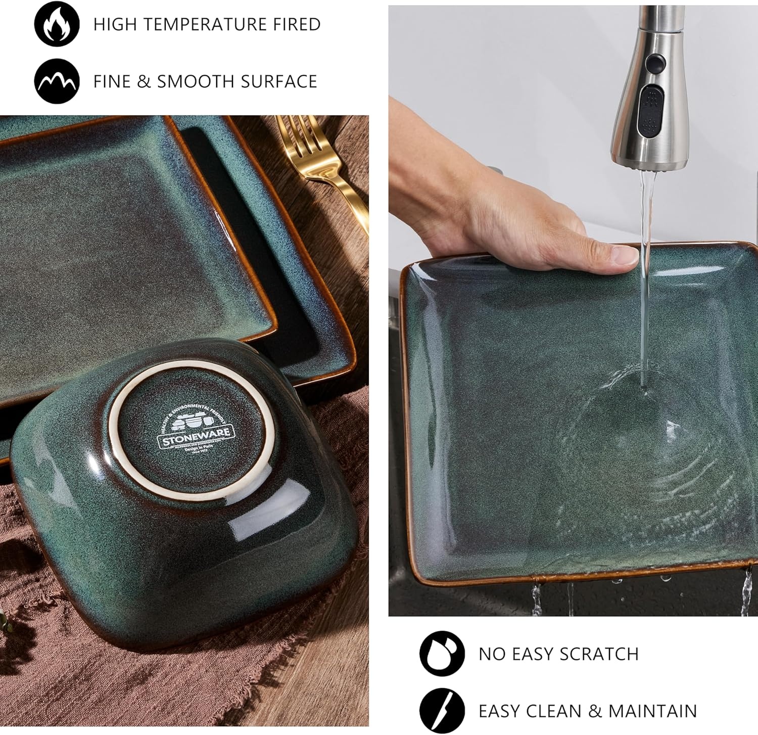 image:imageEfar Square plates and bowls Sets for 4 12Piece Reactive Glaze Stoneware Dinnerware Sets Ceramic Dishes for Kitchen Dining Microwave amp Dishwasher Safe Obsidian GreenObsidian Green