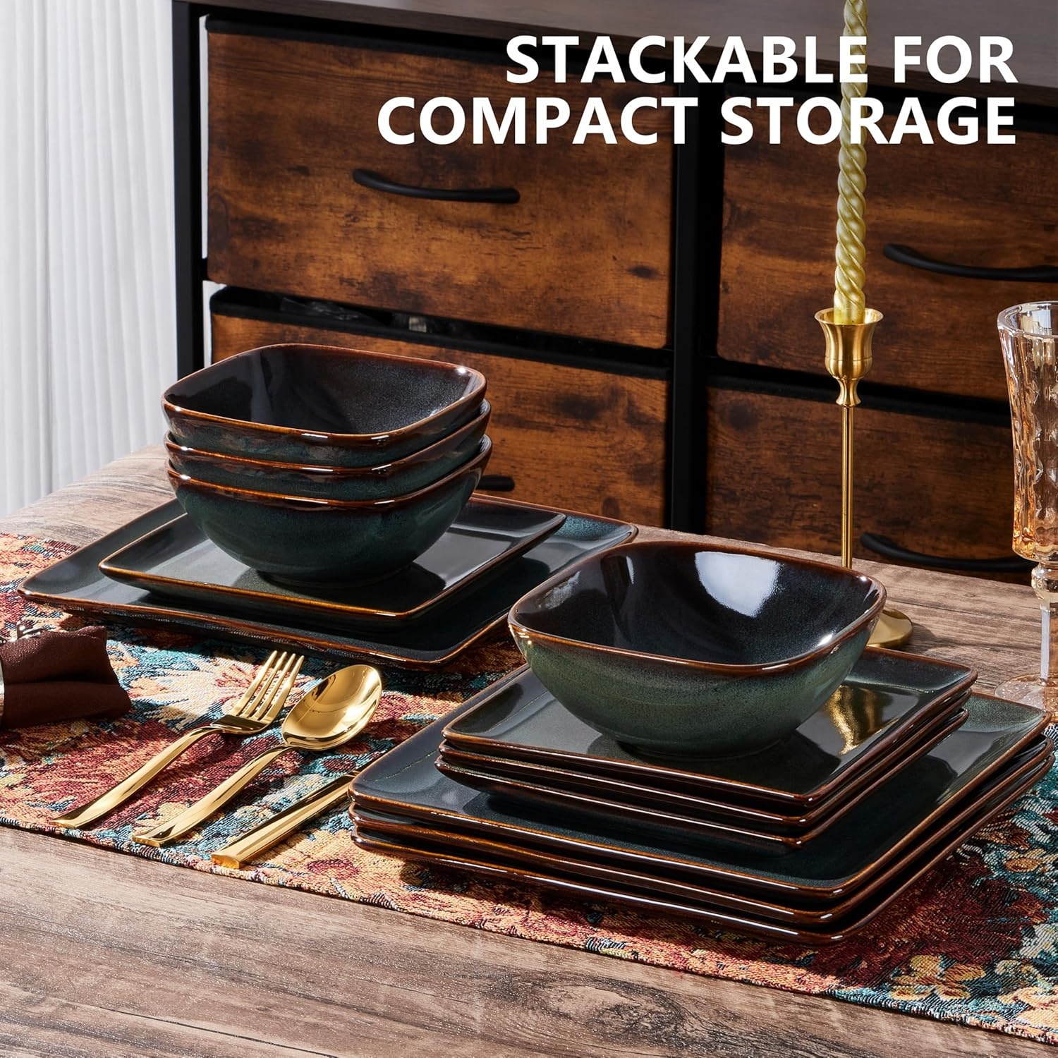 image:imageEfar Square plates and bowls Sets for 4 12Piece Reactive Glaze Stoneware Dinnerware Sets Ceramic Dishes for Kitchen Dining Microwave amp Dishwasher Safe Obsidian GreenObsidian Green