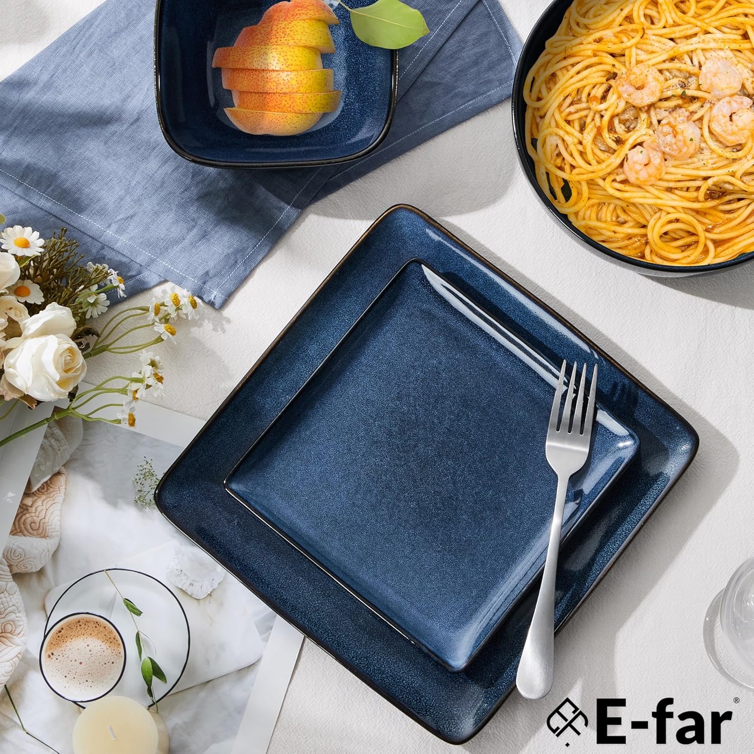 image:imageEfar Square plates and bowls Sets for 4 12Piece Reactive Glaze Stoneware Dinnerware Sets Ceramic Dishes for Kitchen Dining Microwave amp Dishwasher Safe Obsidian GreenDeep Sea Blue