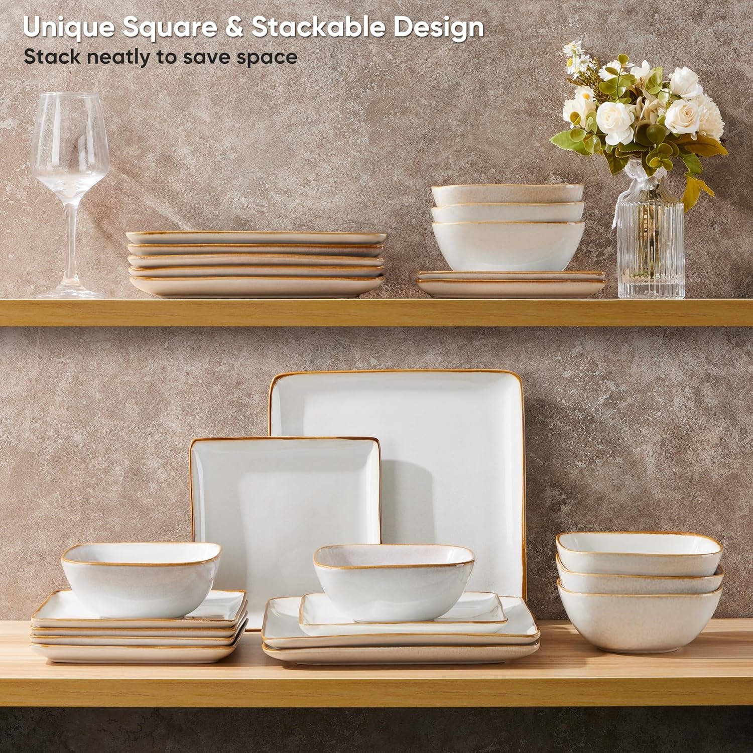 image:imageEfar Square plates and bowls Sets for 4 12Piece Reactive Glaze Stoneware Dinnerware Sets Ceramic Dishes for Kitchen Dining Microwave amp Dishwasher Safe Obsidian GreenSeashell White