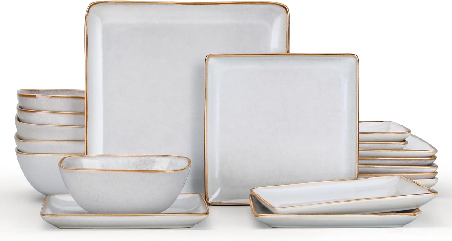 image:imageEfar Square plates and bowls Sets for 4 12Piece Reactive Glaze Stoneware Dinnerware Sets Ceramic Dishes for Kitchen Dining Microwave amp Dishwasher Safe Obsidian GreenSeashell White