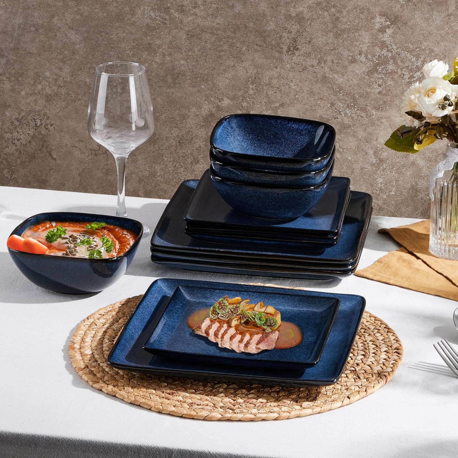 image:imageEfar Square plates and bowls Sets for 4 12Piece Reactive Glaze Stoneware Dinnerware Sets Ceramic Dishes for Kitchen Dining Microwave amp Dishwasher Safe Obsidian GreenDeep Sea Blue