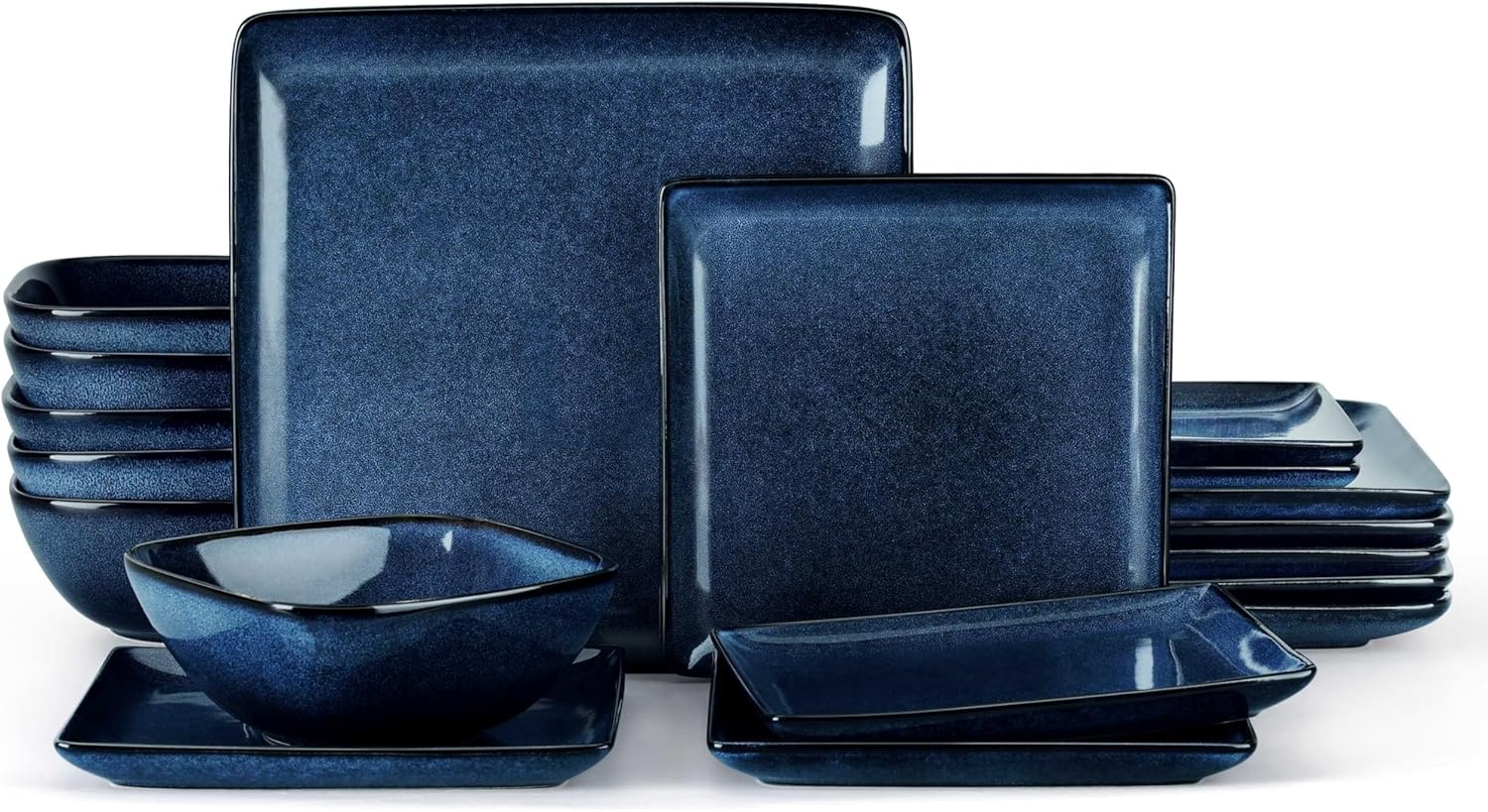 image:imageEfar Square plates and bowls Sets for 4 12Piece Reactive Glaze Stoneware Dinnerware Sets Ceramic Dishes for Kitchen Dining Microwave amp Dishwasher Safe Obsidian GreenDeep Sea Blue