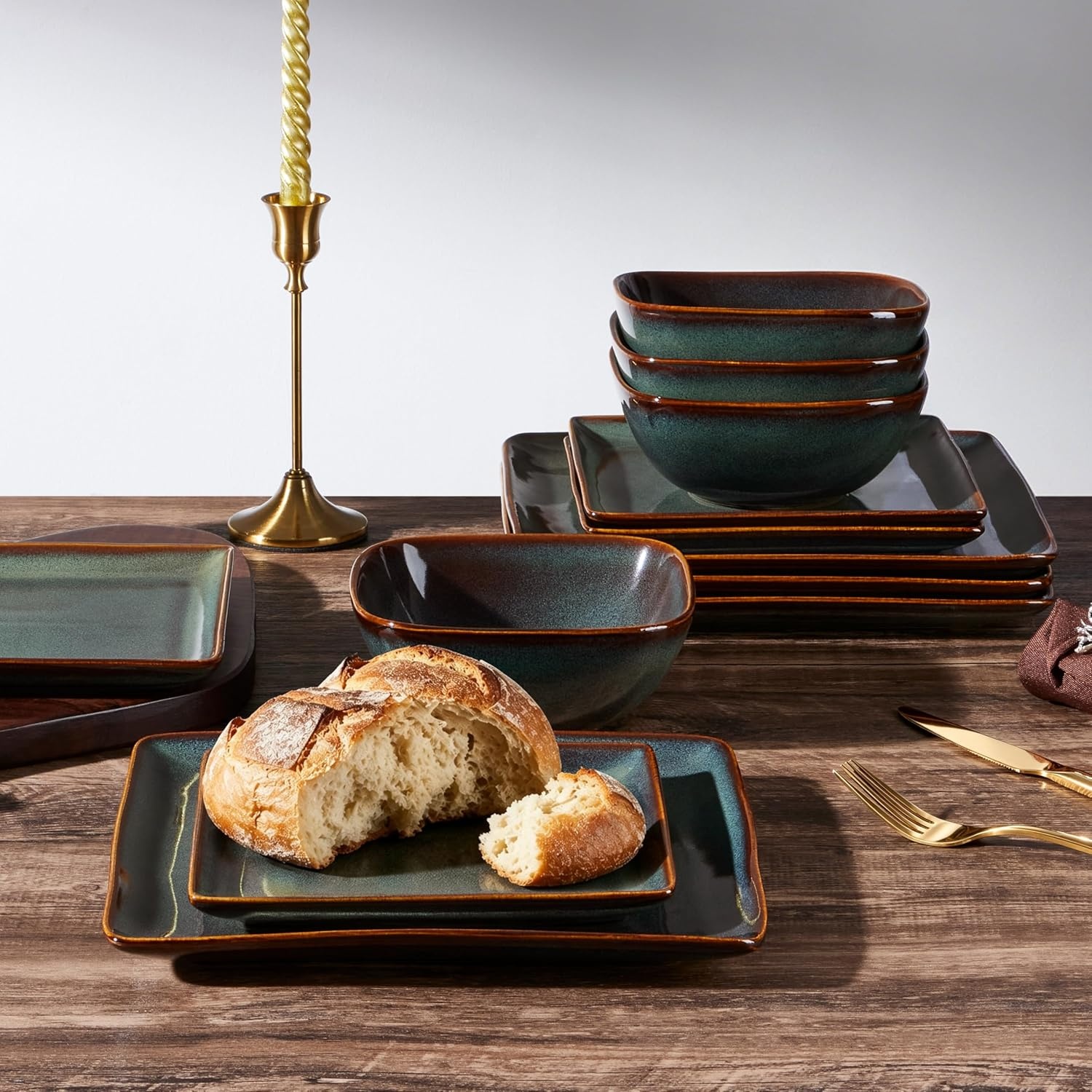 image:imageEfar Square plates and bowls Sets for 4 12Piece Reactive Glaze Stoneware Dinnerware Sets Ceramic Dishes for Kitchen Dining Microwave amp Dishwasher Safe Obsidian GreenObsidian Green