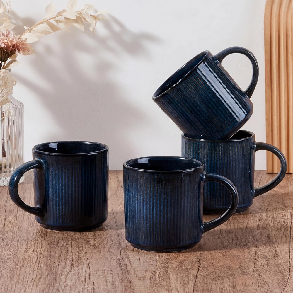 image:imageEfar 12 oz Coffee Mugs Set of 6 Stoneware Coffee Cups with Handle for Man Woman Modern Ribbed Ceramic Tea Mugs for Latte Cocoa Milk Microwave amp Dishwasher Safe Speckled WhiteMidnight Blue