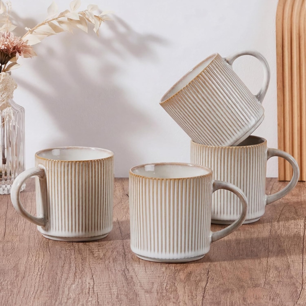 image:imageEfar 12 oz Coffee Mugs Set of 6 Stoneware Coffee Cups with Handle for Man Woman Modern Ribbed Ceramic Tea Mugs for Latte Cocoa Milk Microwave amp Dishwasher Safe Speckled WhiteCreamy Beige