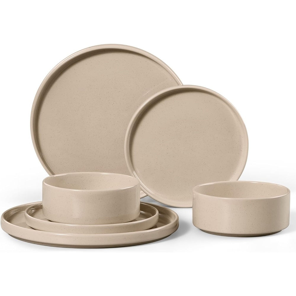 image:imageEfar 6Piece Stoneware Dinnerware Sets Plates and Bowls Set for 2 Kitchen Modern Dishes Set for Everyday amp Formal Chip and Scratch Resistant Microwave amp Dishwasher Safe Speckled GrayBright Khaki