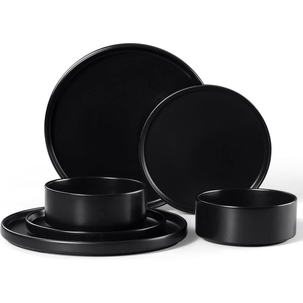 image:imageEfar 6Piece Stoneware Dinnerware Sets Plates and Bowls Set for 2 Kitchen Modern Dishes Set for Everyday amp Formal Chip and Scratch Resistant Microwave amp Dishwasher Safe Speckled GrayMatte Black
