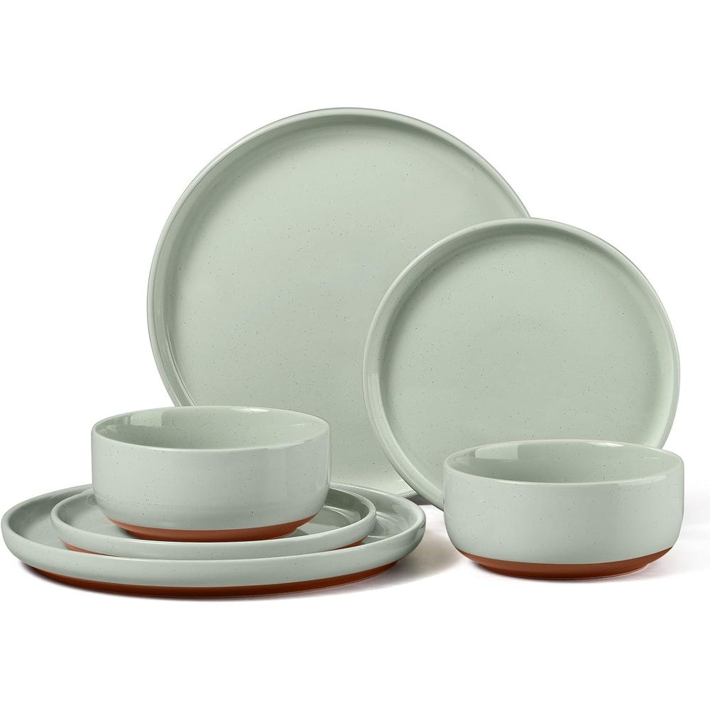 image:imageEfar 6Piece Stoneware Plates and Bowls Sets Dinnerware Sets for 2 Ceramic Dishware Dishes Set with Terracotta Base Chip amp Scratch Resistant Microwave amp Dishwasher Safe Matte BlackSage Green