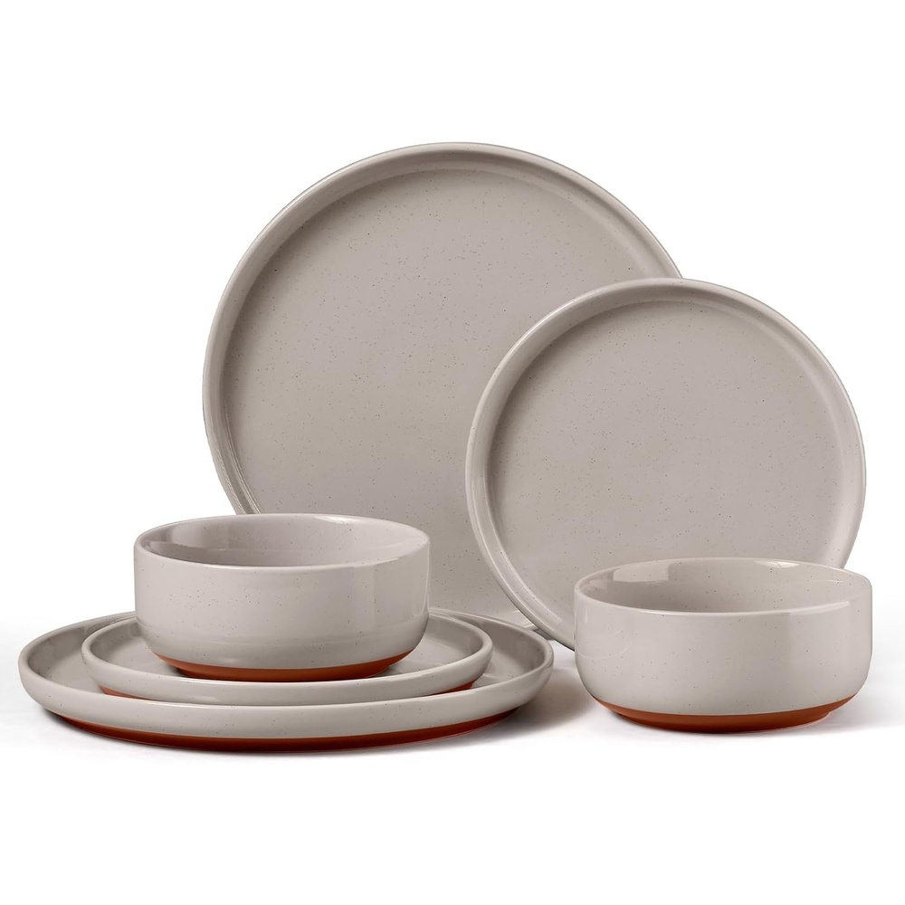 image:imageEfar 6Piece Stoneware Plates and Bowls Sets Dinnerware Sets for 2 Ceramic Dishware Dishes Set with Terracotta Base Chip amp Scratch Resistant Microwave amp Dishwasher Safe Matte BlackWarm Taupe