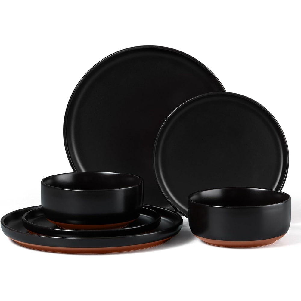 image:imageEfar 6Piece Stoneware Plates and Bowls Sets Dinnerware Sets for 2 Ceramic Dishware Dishes Set with Terracotta Base Chip amp Scratch Resistant Microwave amp Dishwasher Safe Matte BlackMatte Black