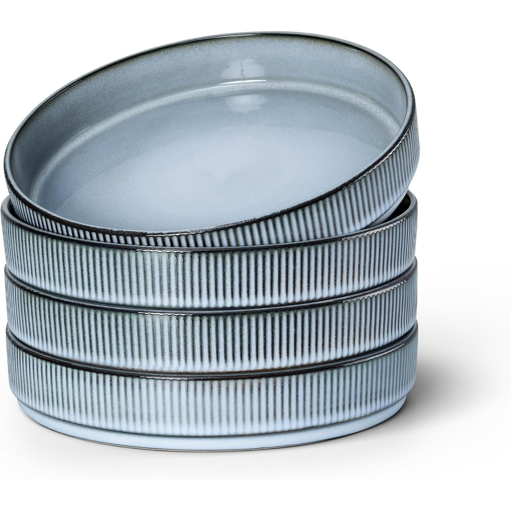 image:imageEfar Pasta Bowls Set of 6 35oz Large Salad Bowl Plate for Dinner Serving Soup Wide amp Shallow Ceramic Stoneware Pasta Plates Microwave amp Dishwasher Safe Reactive Glaze TextureStripe Matte BlackDusty Blue