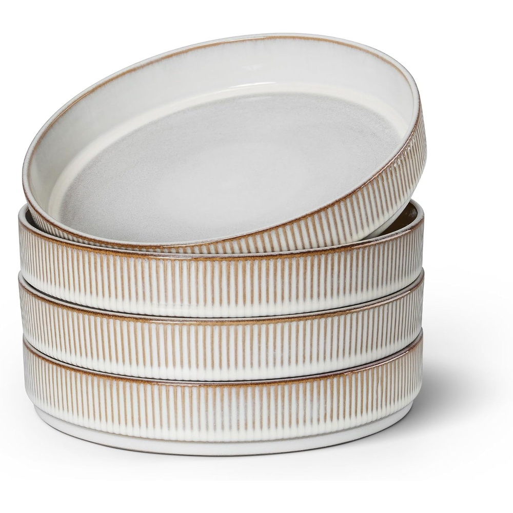 image:imageEfar Pasta Bowls Set of 6 35oz Large Salad Bowl Plate for Dinner Serving Soup Wide amp Shallow Ceramic Stoneware Pasta Plates Microwave amp Dishwasher Safe Reactive Glaze TextureStripe Matte BlackCreamy Beige
