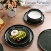 E-far 6-Piece Stoneware Plates and Bowls Sets, Dinnerware Sets for 2, Ceramic Dishware Dishes Set with Terracotta Base, Chip & Scratch Resistant, Microwave & Dishwasher Safe, Matte Black(Blackish Green)