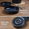 E-far Pasta Bowls Set of 6, 35oz Large Salad Bowl Plate for Dinner Serving Soup, Wide & Shallow Ceramic Stoneware Pasta Plates, Microwave & Dishwasher Safe, Reactive Glaze Texture-Stripe, Matte Black(Starry Blue)