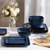 E-far Square plates and bowls Sets for 4, 12-Piece Reactive Glaze Stoneware Dinnerware Sets, Ceramic Dishes for Kitchen Dining, Microwave & Dishwasher Safe, Obsidian Green(Deep Sea Blue)