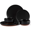 E-far 6-Piece Stoneware Plates and Bowls Sets, Dinnerware Sets for 2, Ceramic Dishware Dishes Set with Terracotta Base, Chip & Scratch Resistant, Microwave & Dishwasher Safe, Matte Black(Matte Black)