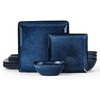 E-far Square plates and bowls Sets for 4, 12-Piece Reactive Glaze Stoneware Dinnerware Sets, Ceramic Dishes for Kitchen Dining, Microwave & Dishwasher Safe, Obsidian Green(Deep Sea Blue)