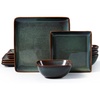 E-far Square plates and bowls Sets for 4, 12-Piece Reactive Glaze Stoneware Dinnerware Sets, Ceramic Dishes for Kitchen Dining, Microwave & Dishwasher Safe, Obsidian Green(Obsidian Green)