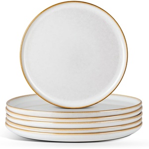E-far 10.2” Stoneware Dinner Plates Set of 6, Large Modern Ceramic Dishes, Round Salad Plate for Home Kitchen Restaurant, Microwave & Dishwasher Safe – Matte Black(Seashell White)