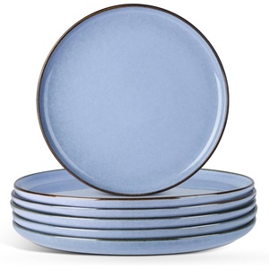 E-far 10.2” Stoneware Dinner Plates Set of 6, Large Modern Ceramic Dishes, Round Salad Plate for Home Kitchen Restaurant, Microwave & Dishwasher Safe – Matte Black(Ocean Blue)