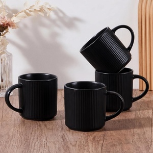 E-far 12 oz Coffee Mugs Set of 6, Stoneware Coffee Cups with Handle for Man Woman, Modern Ribbed Ceramic Tea Mugs for Latte Cocoa Milk, Microwave & Dishwasher Safe, Speckled White(Matte Black)