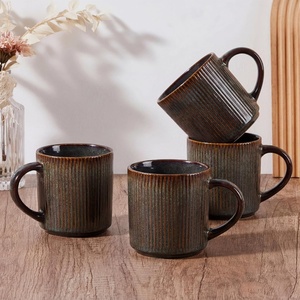 E-far 12 oz Coffee Mugs Set of 6, Stoneware Coffee Cups with Handle for Man Woman, Modern Ribbed Ceramic Tea Mugs for Latte Cocoa Milk, Microwave & Dishwasher Safe, Speckled White(Blackish Green)