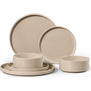 E-far 6-Piece Stoneware Dinnerware Sets, Plates and Bowls Set for 2, Kitchen Modern Dishes Set for Everyday & Formal, Chip and Scratch Resistant, Microwave & Dishwasher Safe, Speckled Gray(Bright Khaki)
