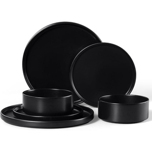 E-far 6-Piece Stoneware Dinnerware Sets, Plates and Bowls Set for 2, Kitchen Modern Dishes Set for Everyday & Formal, Chip and Scratch Resistant, Microwave & Dishwasher Safe, Speckled Gray(Matte Black)