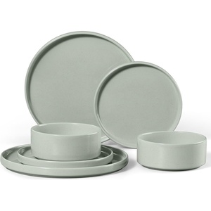E-far 6-Piece Stoneware Dinnerware Sets, Plates and Bowls Set for 2, Kitchen Modern Dishes Set for Everyday & Formal, Chip and Scratch Resistant, Microwave & Dishwasher Safe, Speckled Gray(Mist Green)