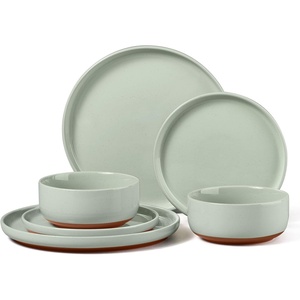 E-far 6-Piece Stoneware Plates and Bowls Sets, Dinnerware Sets for 2, Ceramic Dishware Dishes Set with Terracotta Base, Chip & Scratch Resistant, Microwave & Dishwasher Safe, Matte Black(Sage Green)