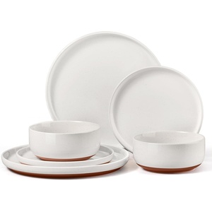 E-far 6-Piece Stoneware Plates and Bowls Sets, Dinnerware Sets for 2, Ceramic Dishware Dishes Set with Terracotta Base, Chip & Scratch Resistant, Microwave & Dishwasher Safe, Matte Black(Whisper White)