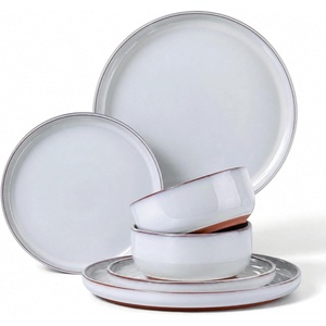 E-far 6-Piece Stoneware Plates and Bowls Sets, Dinnerware Sets for 2, Ceramic Dishware Dishes Set with Terracotta Base, Chip & Scratch Resistant, Microwave & Dishwasher Safe, Matte Black(Glacier White)