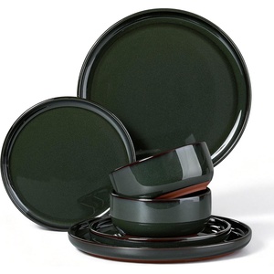 E-far 6-Piece Stoneware Plates and Bowls Sets, Dinnerware Sets for 2, Ceramic Dishware Dishes Set with Terracotta Base, Chip & Scratch Resistant, Microwave & Dishwasher Safe, Matte Black(Blackish Green)