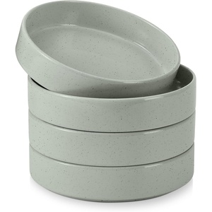 E-far Pasta Bowls Set of 4, 35oz Large Stoneware Bowl Plates | Reactive Glaze Shallow & Wide Ceramic for Soup Salad Dinner | Microwave & Dishwasher Safe, Deep Gray(Mist Green)