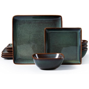 E-far Square plates and bowls Sets for 4, 12-Piece Reactive Glaze Stoneware Dinnerware Sets, Ceramic Dishes for Kitchen Dining, Microwave & Dishwasher Safe, Obsidian Green(Obsidian Green)