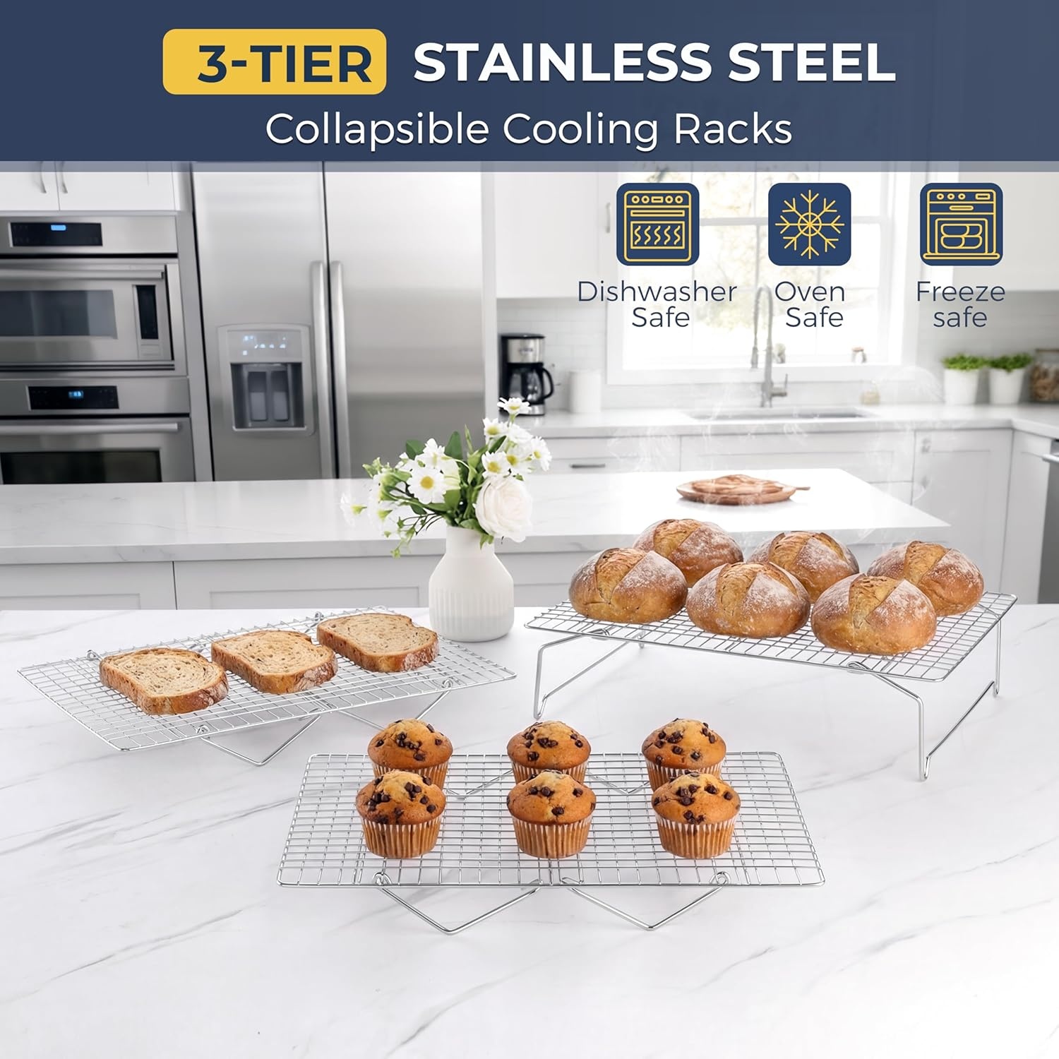 image:imageEfar Collapsible Cooling Rack for Cooking and Baking 15x10 Stackable TightWire Stainless Steel Cookie Rack for Baking Sheet Oven Roasting Dishwasher Safe amp Space Saving 2Tier3
