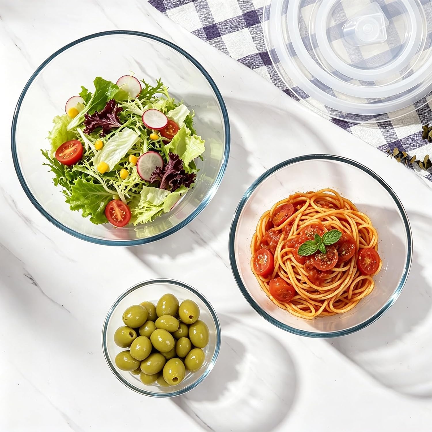 image:imageEfar Glass Mixing Bowls with Airtight Lids Set of 3 482908 Qt Clear Glass Salad Bowls for Cooking Prep Baking Serving Large Nesting Bowls for Storage Sourdough Proofing Dishwasher Safe