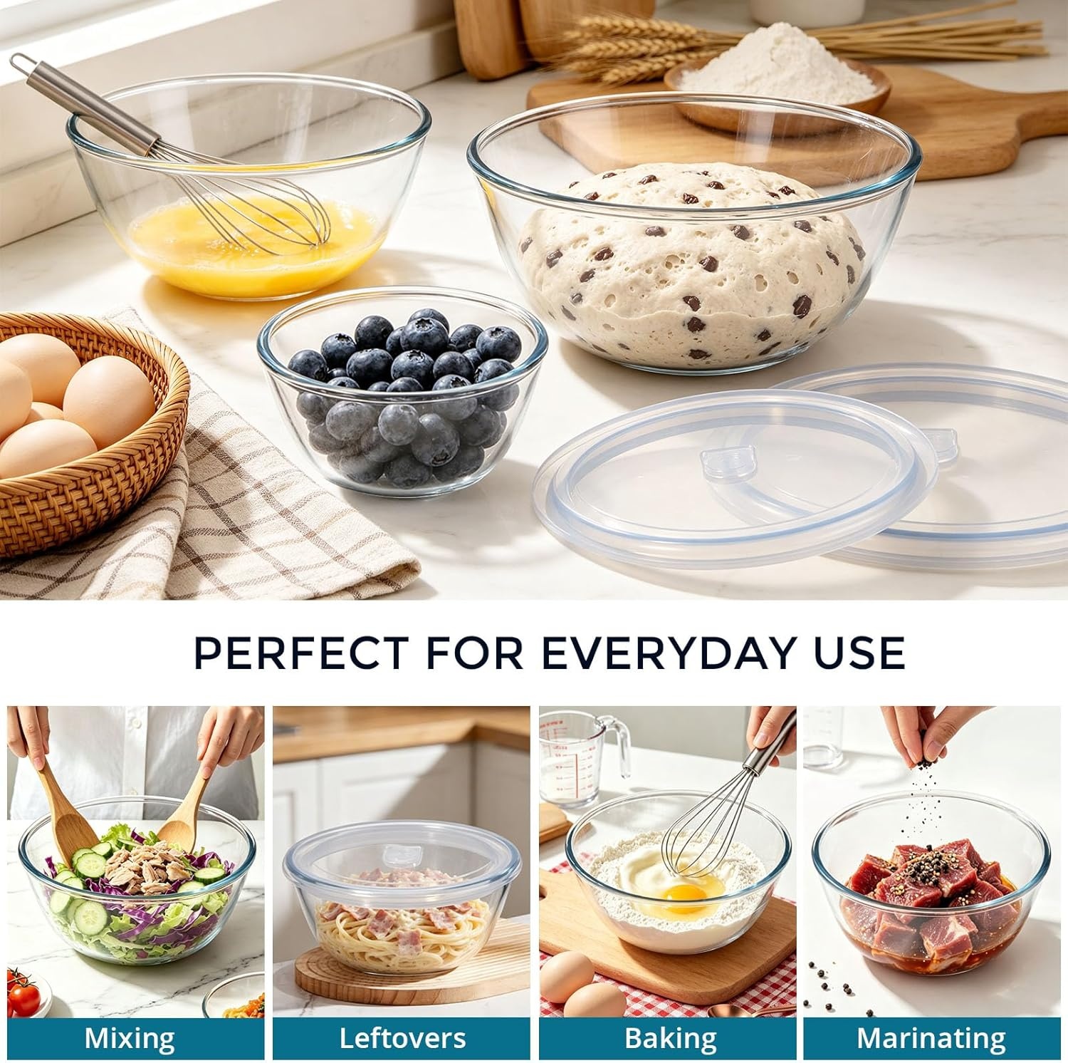 image:imageEfar Glass Mixing Bowls with Airtight Lids Set of 3 482908 Qt Clear Glass Salad Bowls for Cooking Prep Baking Serving Large Nesting Bowls for Storage Sourdough Proofing Dishwasher Safe